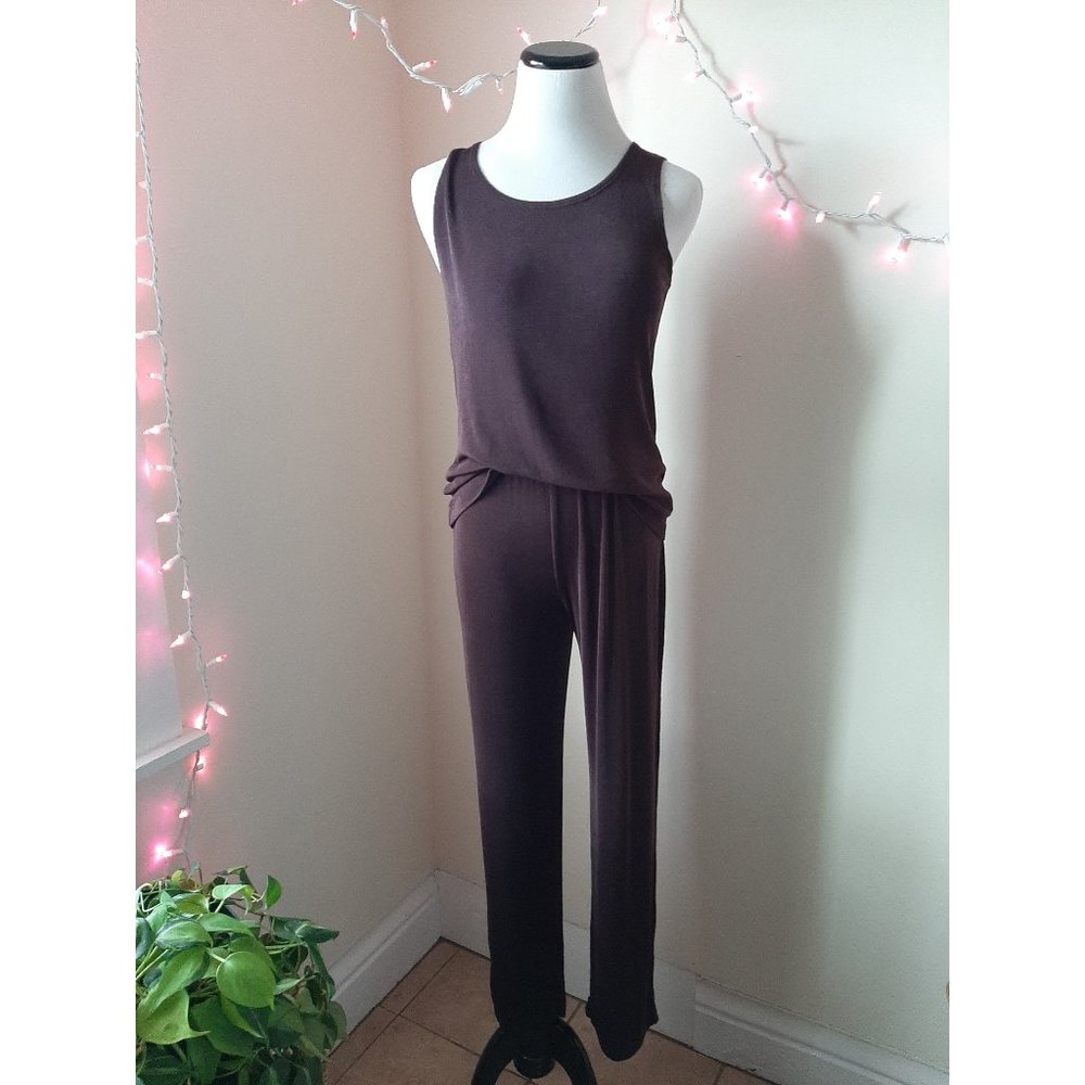 Vtg Brown Liquid Knit Slinky Lounge WFH Matching Set Transitional Layering S